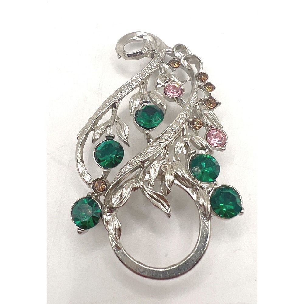 Vintage Silver Tone Rhinestone Leaf Brooch Pendant Green Pink 2.5"